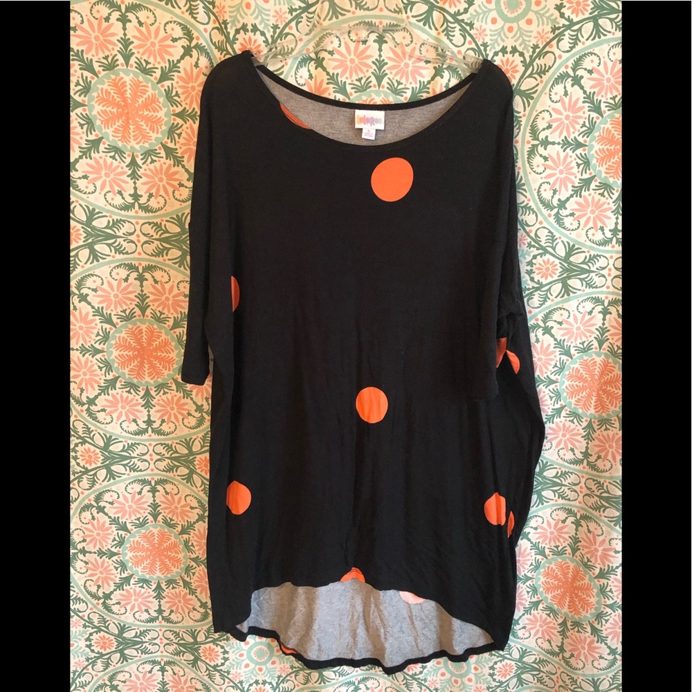 Lularoe Irma. Black and coral polka dot.